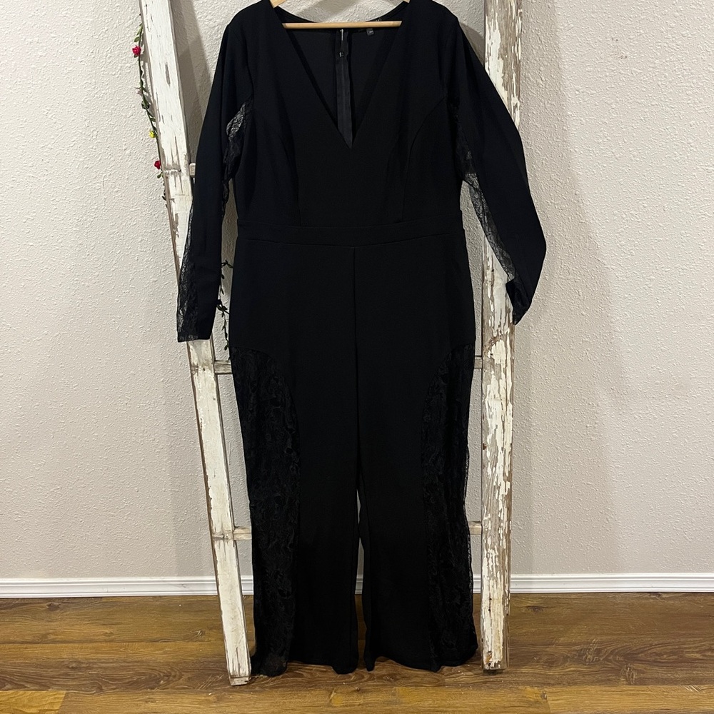 Elegant Black V-Neck Jumpsuit with Lace Detail